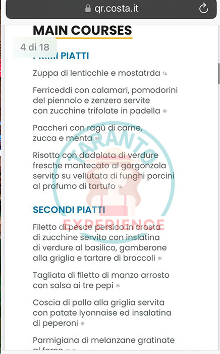 Crociera da Taranto: il menù del ristorante nella Costa Fascinosa